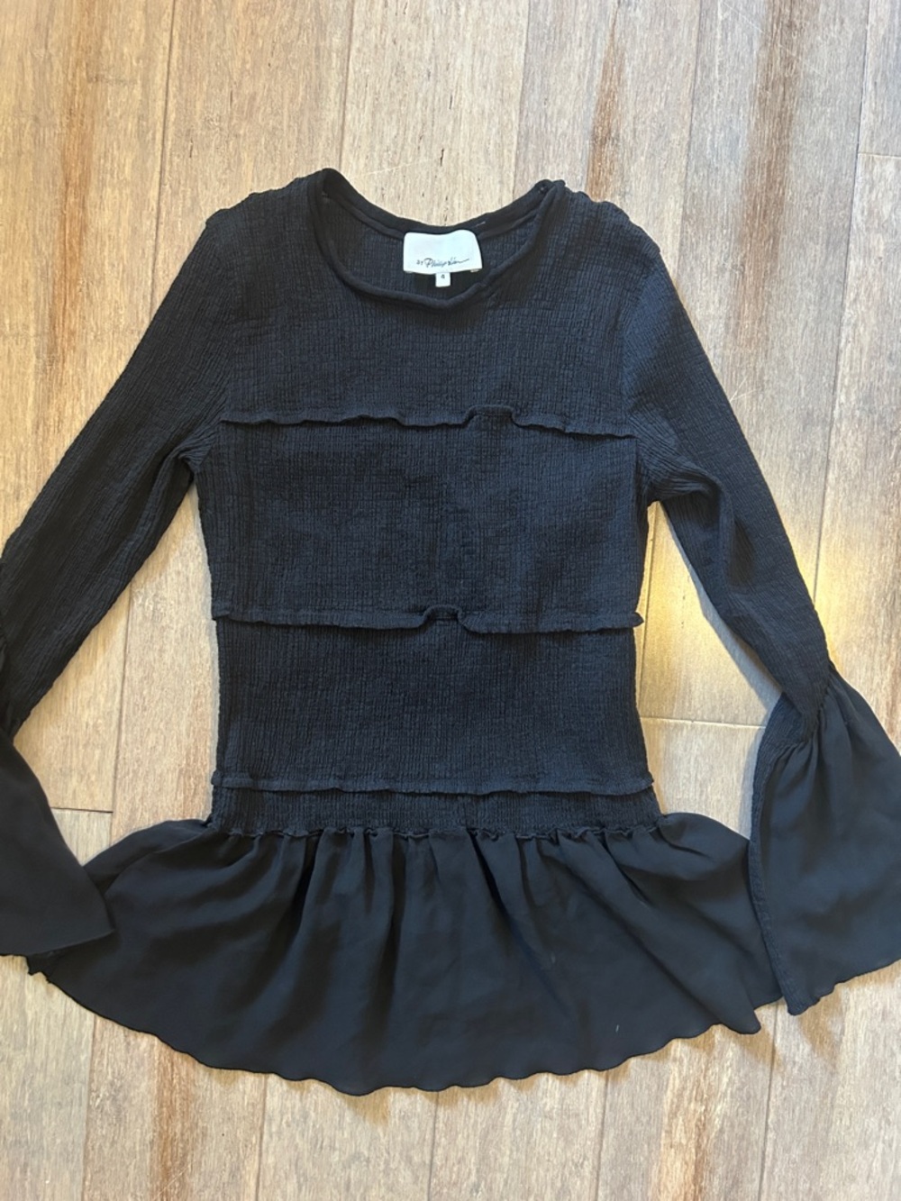 3.1 Phillip Lim Black Long-Sleeve Silk Smocked Tunic stretchy w pleated sleeves